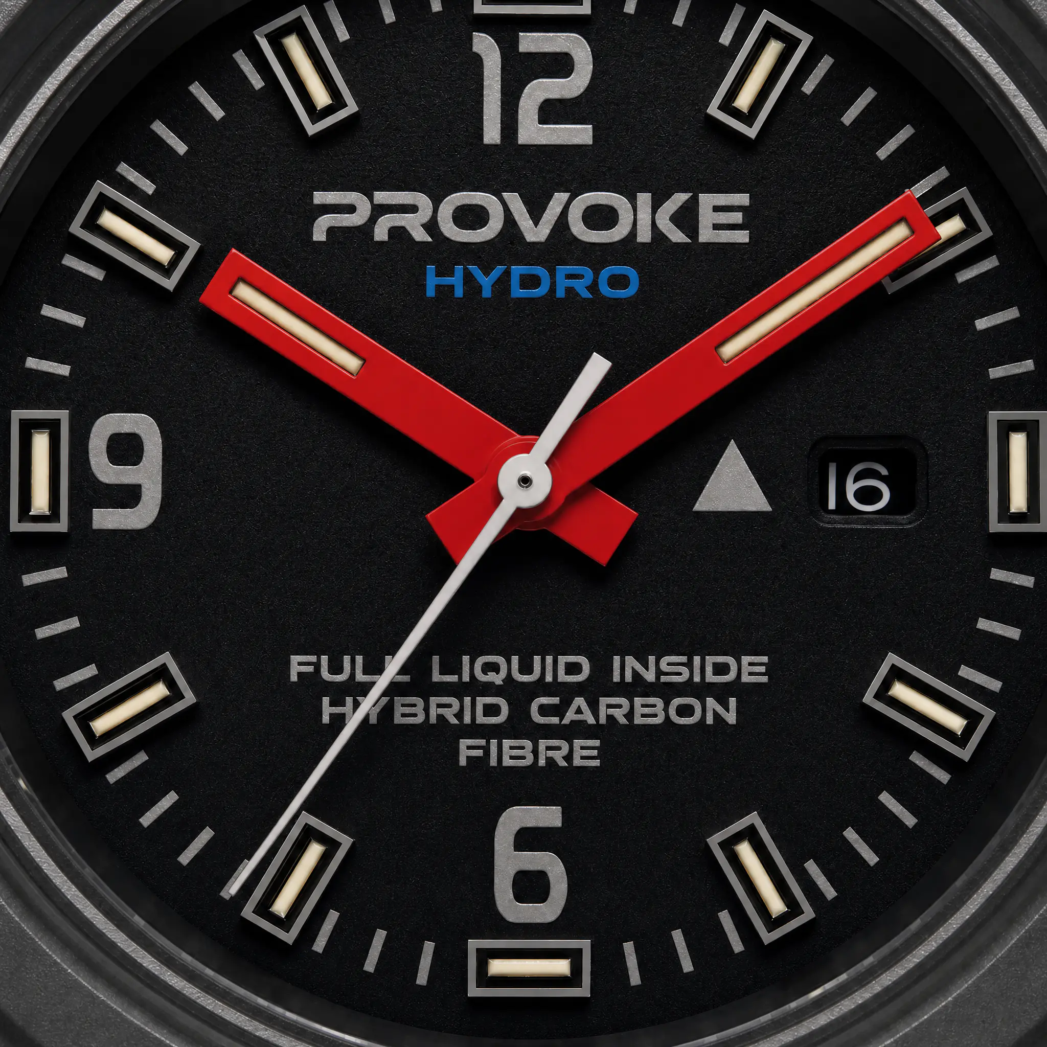 Číselník PROVOKE HYDRO — červené ručičky s tritiovými trubičkami